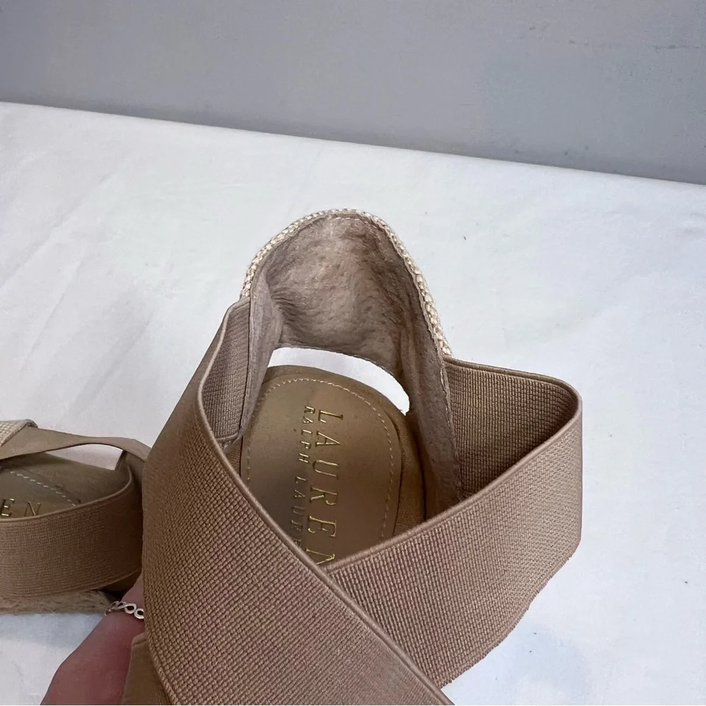 Ralph Lauren Collins tan elastic cross strap espadrille wedge dress shoes 9.
